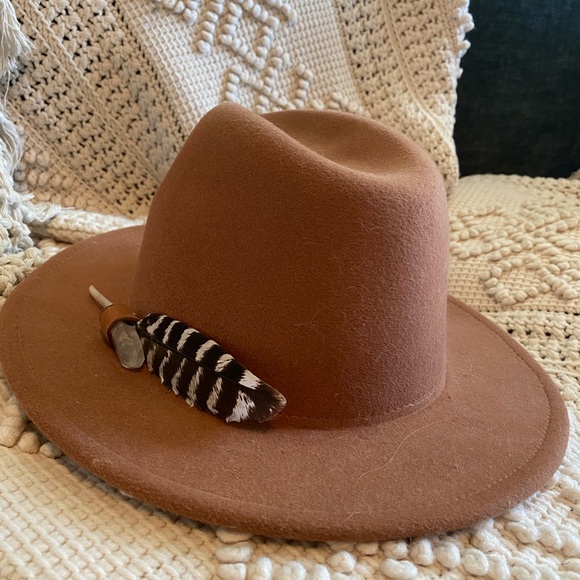 Brown Fedora Hat with Feather Accent - Picture 2 of 9